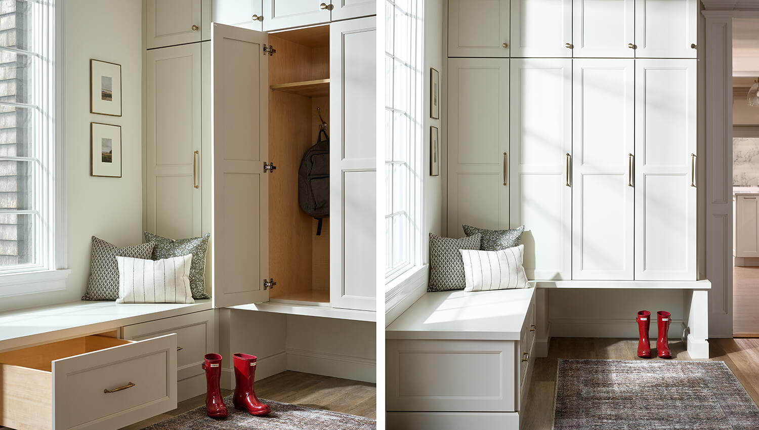 An organized mudroom with an L-shaped corner boot bench and locker unit by Dura Supreme