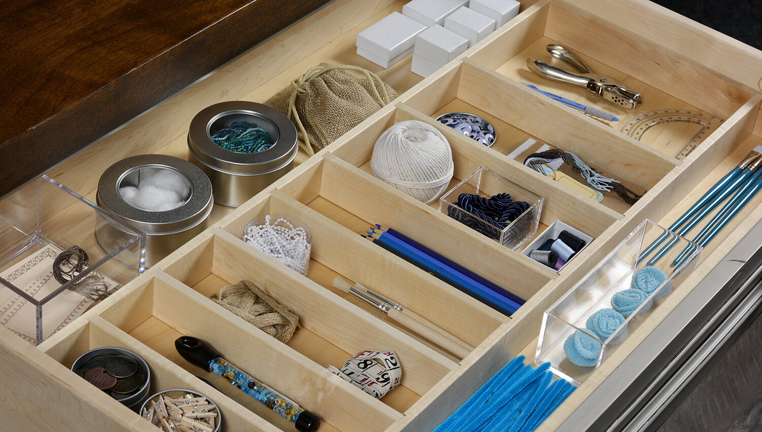 A Cutlery Divider Tray doesn’t have to be used for cutlery and silverware! Dura Supreme's drawer storage solutions can be used for multiple applications throughout the home to help create storage for homework stations, home offices, craft rooms, etc.