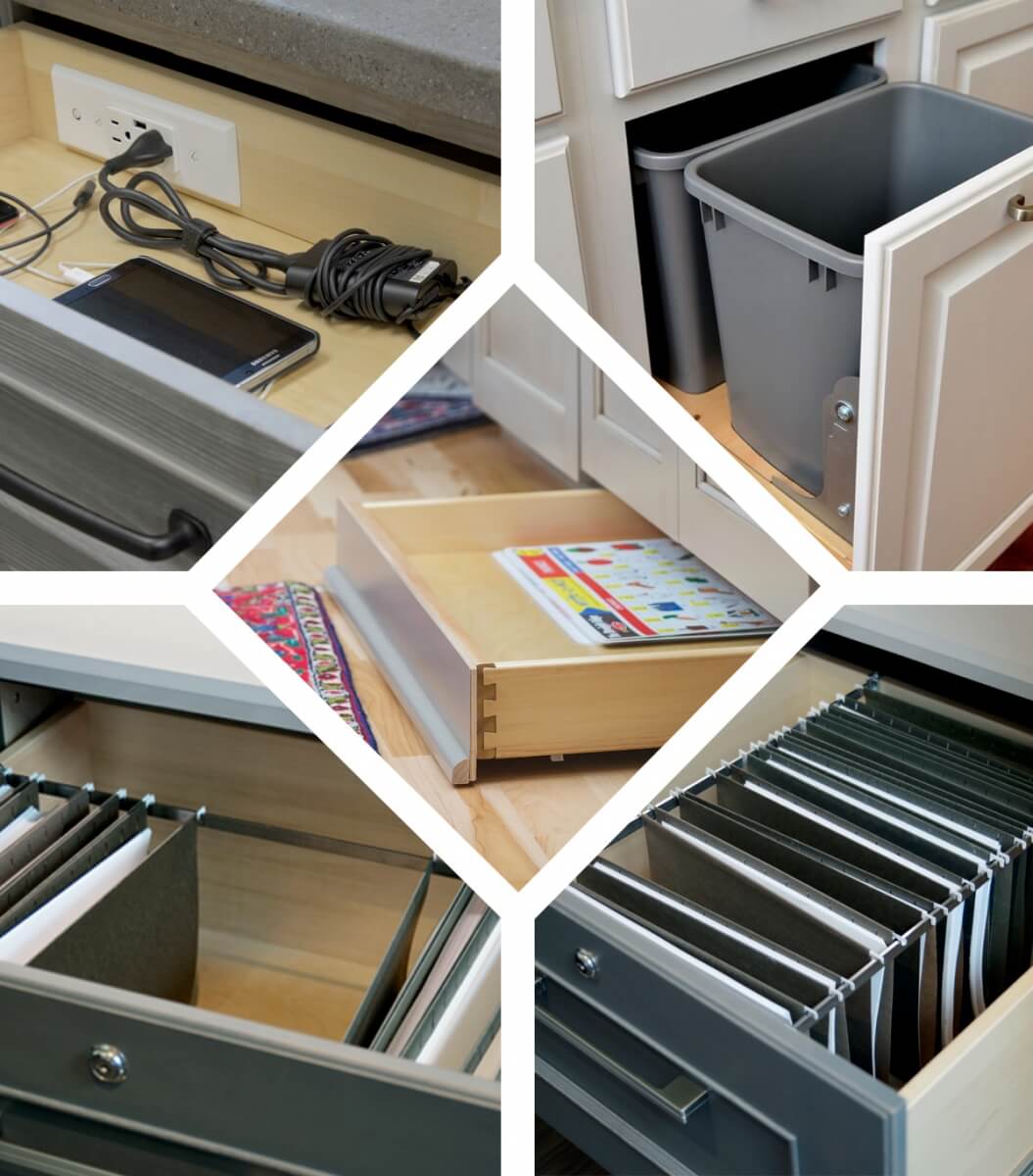 Pictured top left: Tech drawer; top right: base recycle center (Design by Drexel Building Supply); middle: toe kick drawer; bottom righ and left: desk file drawers.