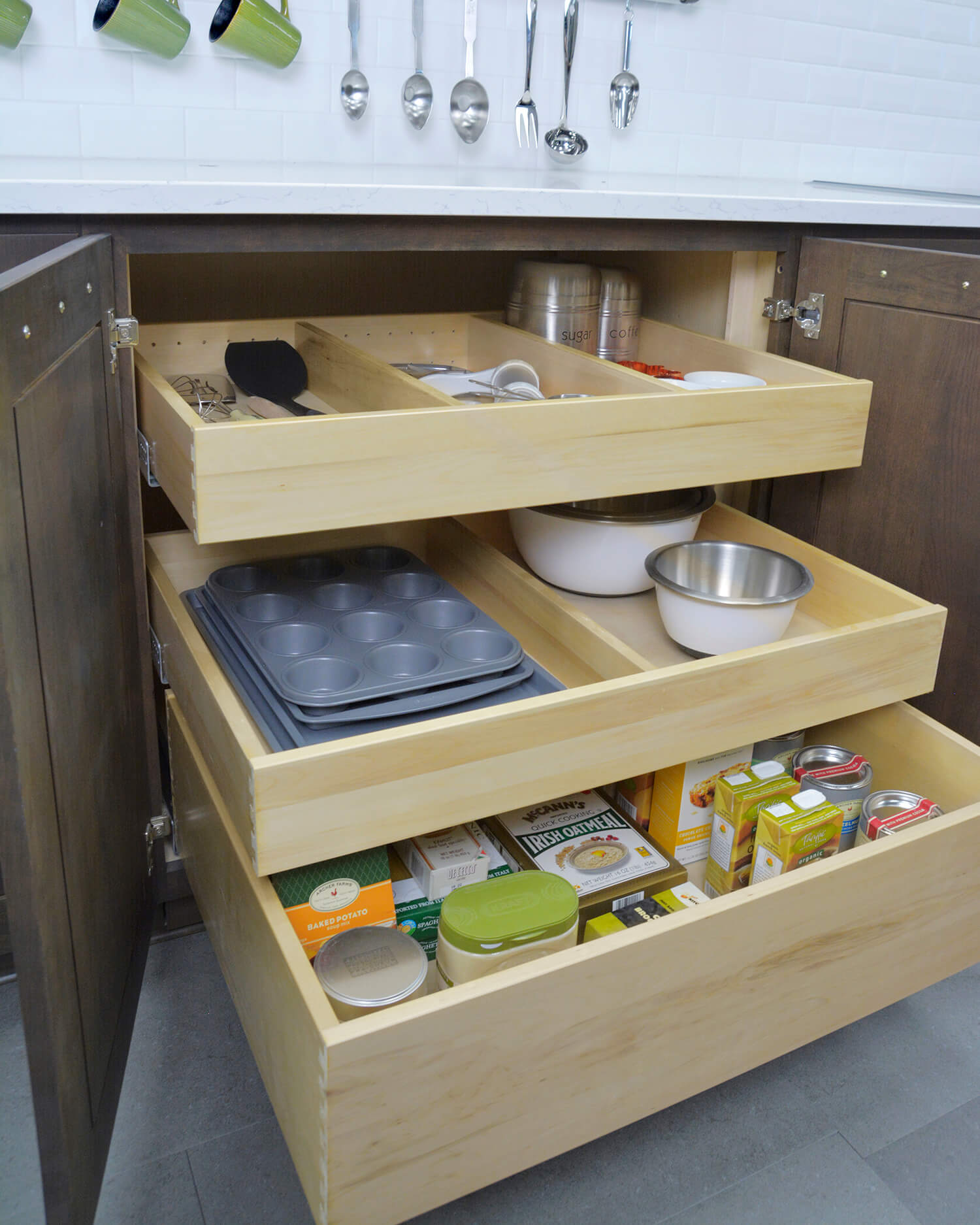 Adjustable Drawer Partitions in Roll-Out Shelf from Dura Supreme Cabinetry