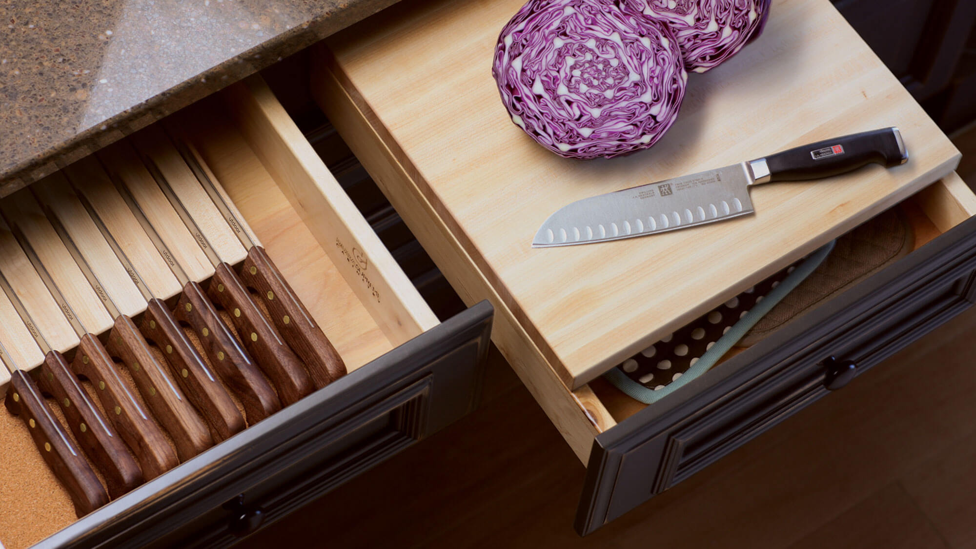 A chop block with drawer and drawer knife holder placed side by side to optimize the food prep process.