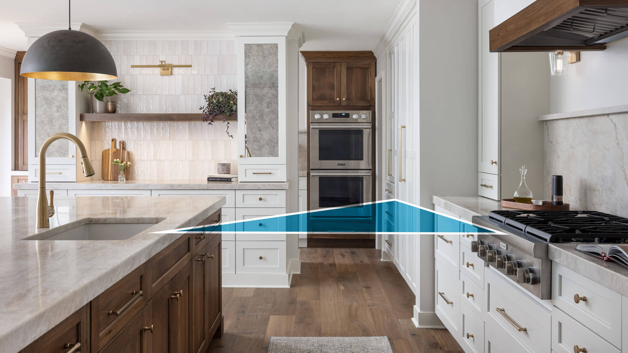 An example of a wrok triangle in a large l-shaped kitchen with a kitchen island.