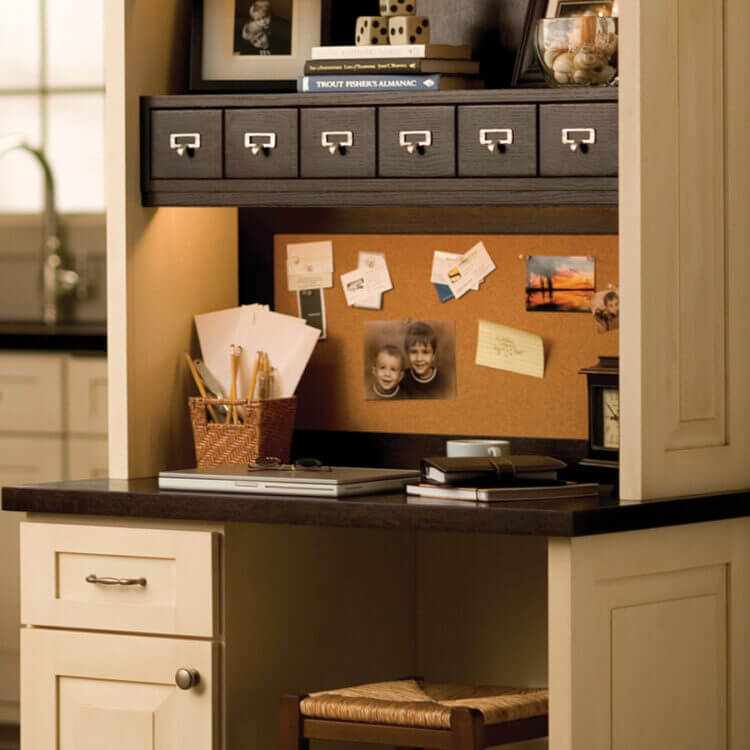 Kitchen Work Zones: The Kitchen Command Center. Home Office Desks in the Kitchen with Custom Cabinets.