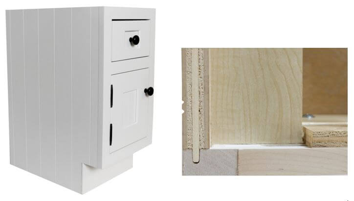 V-Groove End Cabinet and a Close-up of joinery, Dura Supreme cabinetry