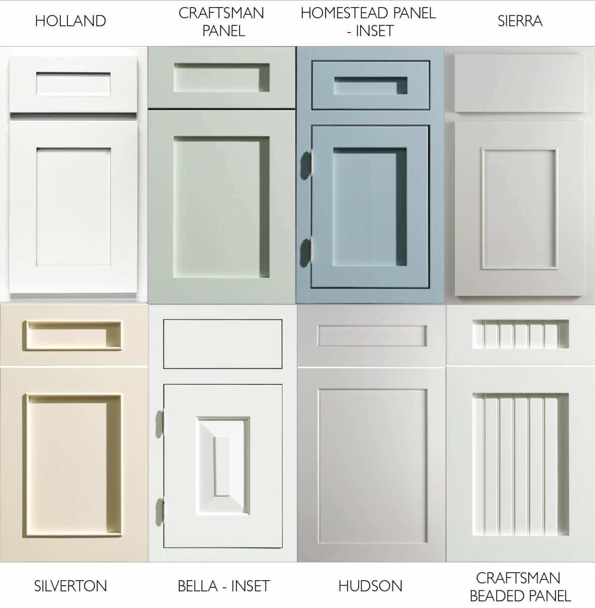 A collection of cottage style cabinet doors for planning a kitchen remodel project. Kitchen cabinet doors from Dura Supreme Cabinetry.