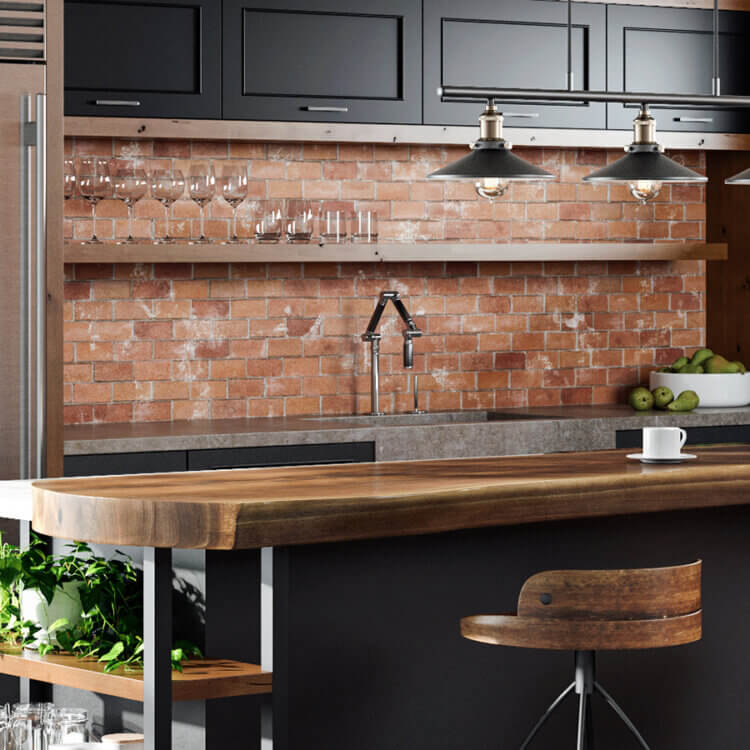 Industrial style kitchen cabinets with a black painted finish and accents in a wood with a warm stain. Open shelves and black metal fixtures add to the style.