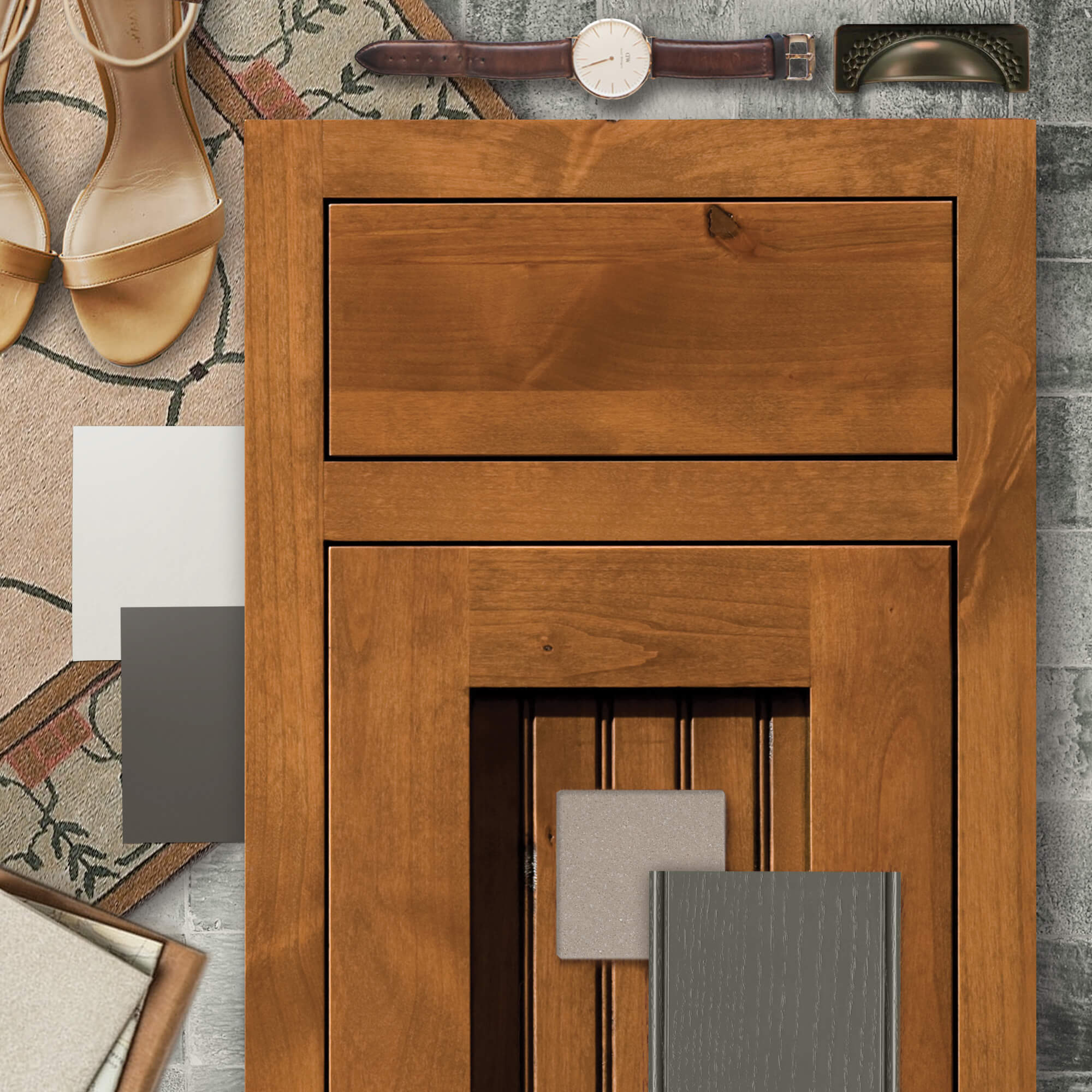 Caftsman style design idea mood board. Dura Supreme's Craftsman Panel Inset Cabinet Door Style shown in Quarter-Sawn Red Oak with the 