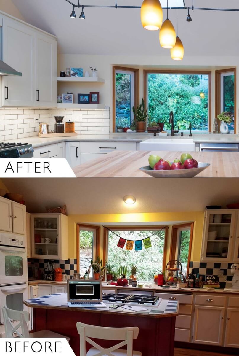 Before and After comparison photos of the kitchen remodel makeover with Dura Supreme Cabinetry.