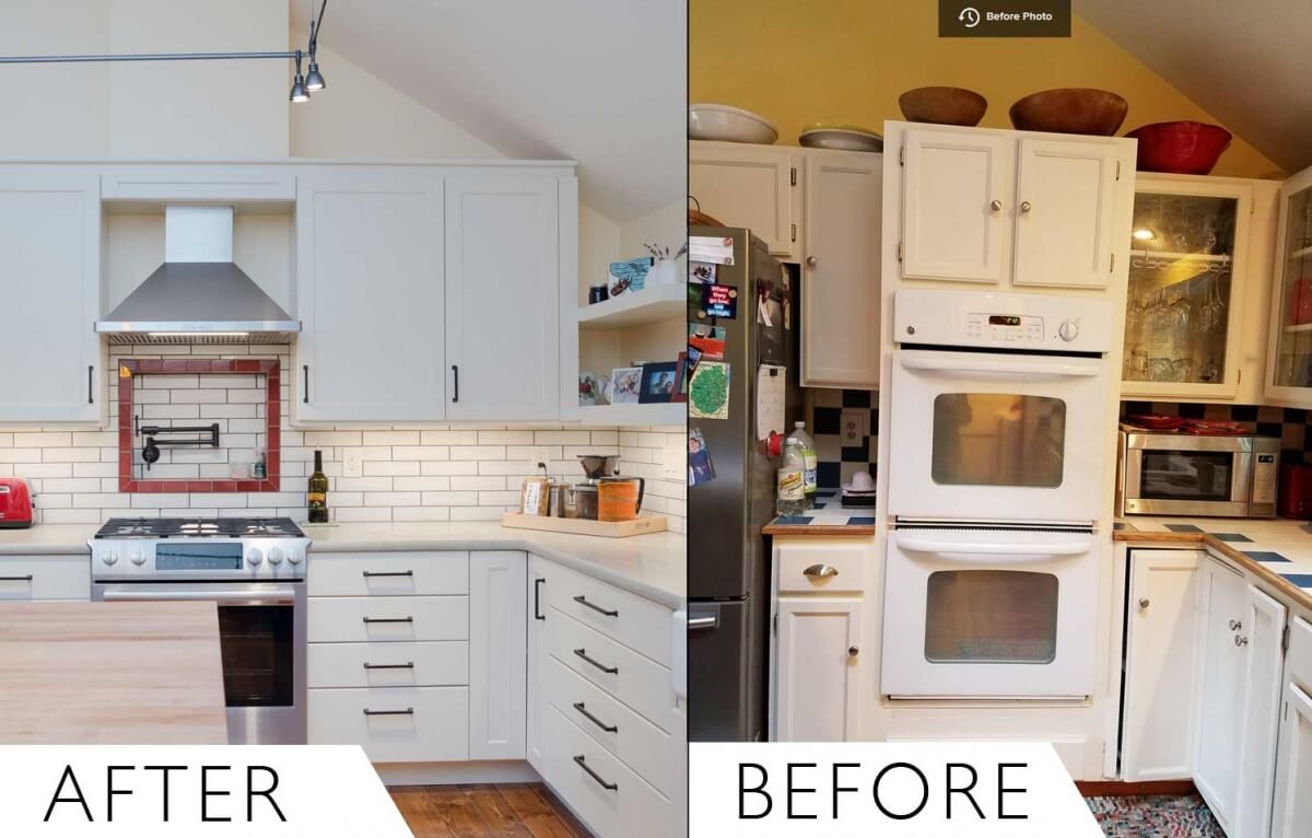 Before and after pic of a traditional farmhouse kitchen that was remodeled into a modern farmhouse kitchen design.