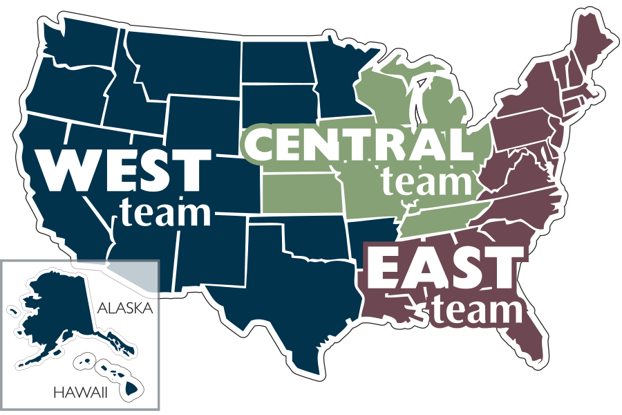 Dura Supreme Customer Care Team Regional Map. West Team, Central Team, and East Team.