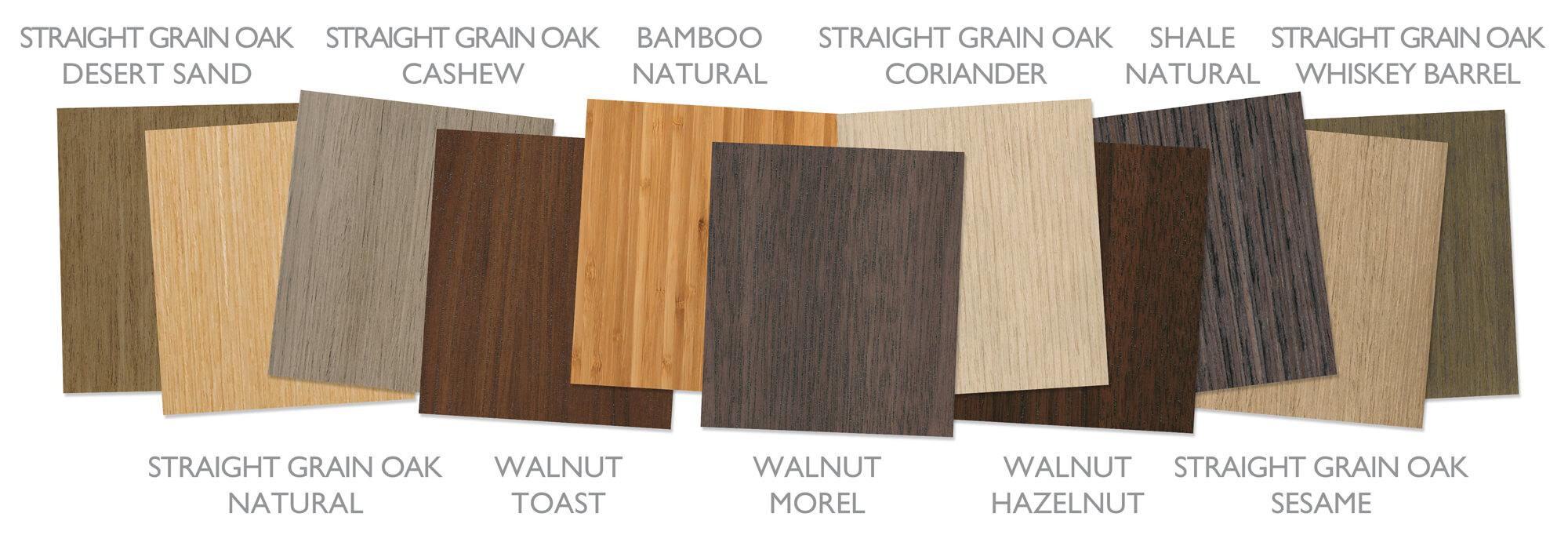 Metro-Horizontal slab door cabinet finishes showcase exotic wood veneers with distinctive horizontal grain patterns, including Straight Grain Oak, Bamboo, Shale, and Walnut. These contemporary cabinet finishes bring natural texture, sophisticated character, and modern style to custom cabinetry designs.