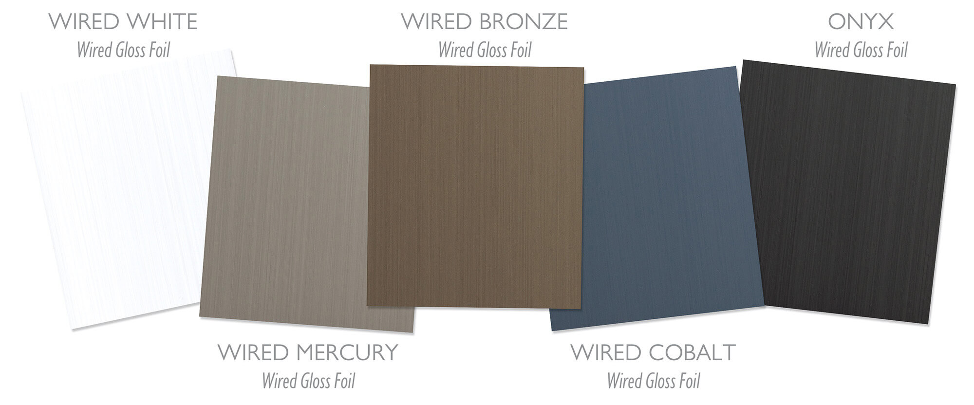 Wired Gloss Foil Cabinet Finish Options for Horizontal Grain Cabinetry. Wired Gloss Foil surfaces feature high-gloss horizontal grain patterns and a striking metallic-inspired appearance. Reflective finishes, contemporary styling, and fashion-forward color options create a luxurious modern cabinetry aesthetic.
