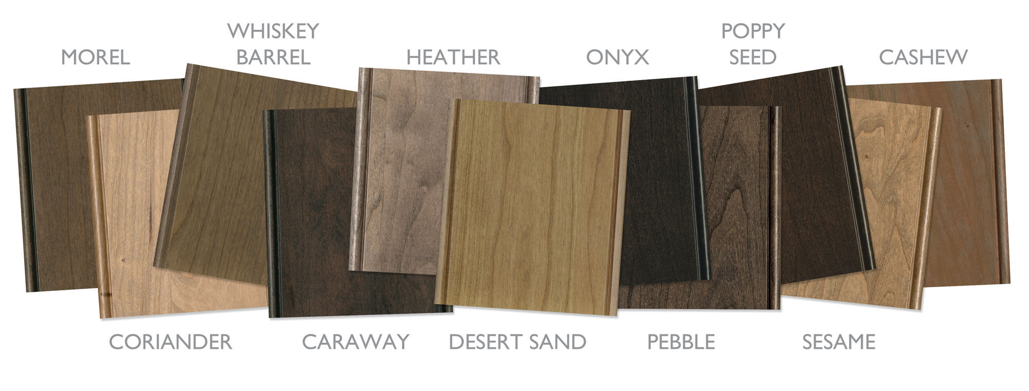 Trendy stain colors for cherry cabinets from Dura Supreme Cabinetry with brown, and gray/brown stain hues.