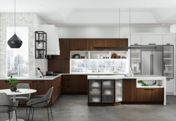 A urban city loft kitchen with walnut cabinets, a white painted modern wood hood, matte black metal cabinet doors, and floating shelves create an industrial look.