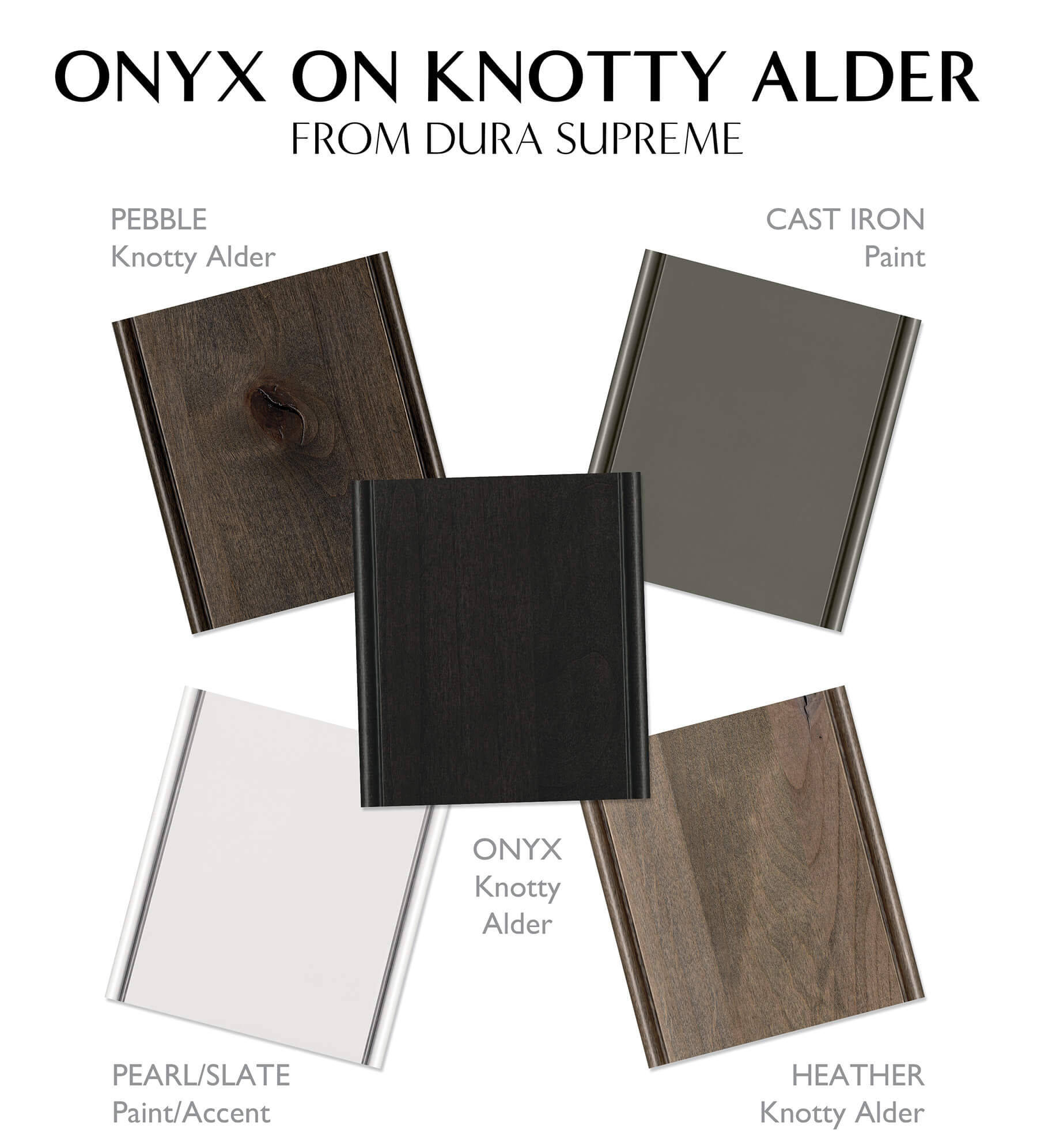 Cabinet pairings to go with an almost black stain color on rustic Knotty Alder called Onyx from Dura Supreme.