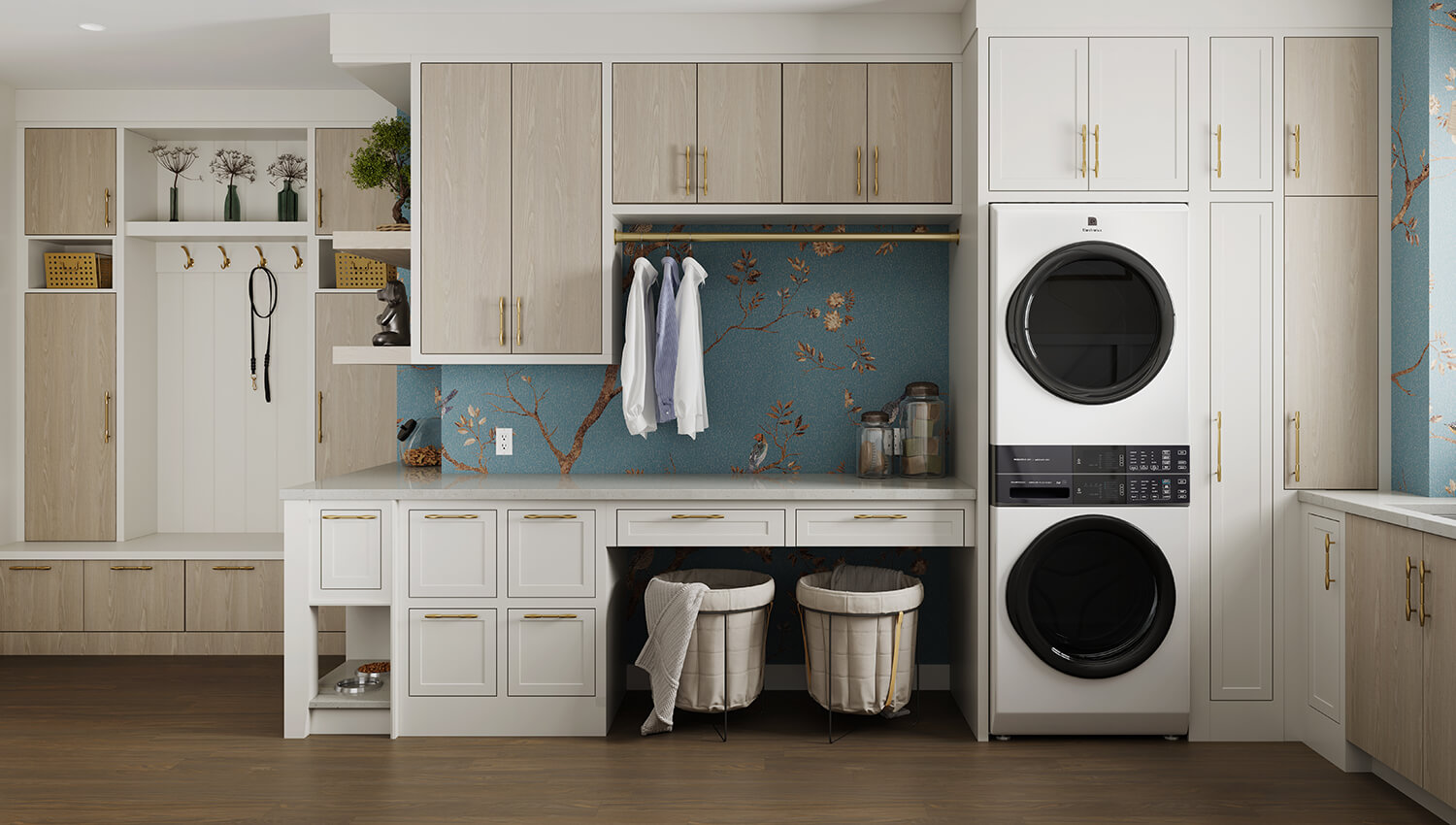 The two-toned cabinets in this cheerful laundry room showcase the Aiden – Vertical slab door style in the “Pesaro” Sculpted TFL finish, along with the Paris – Inset shallow shaker door style in the “Mushroom” paint finish. This is a great example of using true-brown contemporary finishes instead of traditional wood cabinets. 