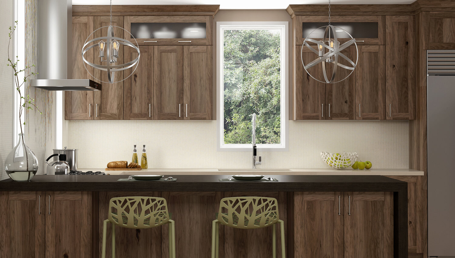 This open-concept remodel is the home to Rustic Hickory kitchen cabinets from Dura Supreme Cabinetry, shown in the Craftsman Panel door style with a “Morel” stained finish. 