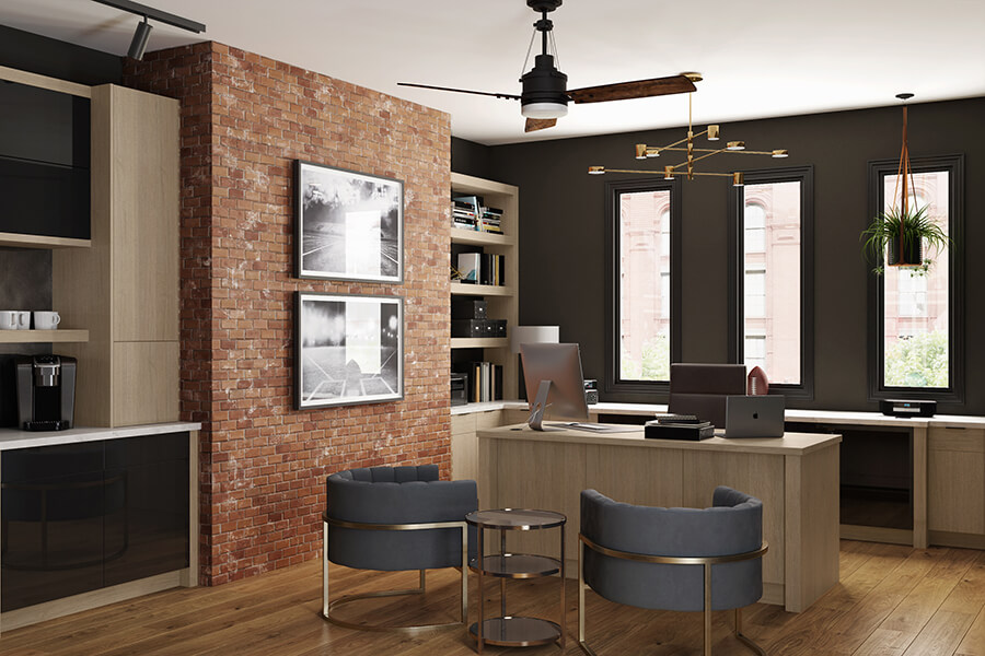 An urban loft home office in the Twin Cities featuring Dura Supreme Cabinetry with modern materials. The remodel combines acrylic and quarter-sawn White Oak cabinets.