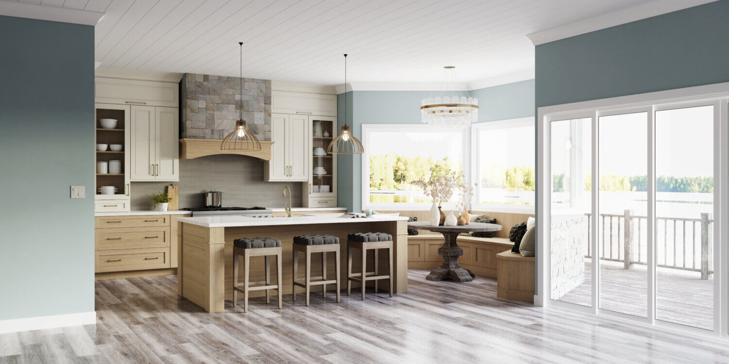 This dreamy lake house kitchen captures the home’s lake shore lifestyle with watery blue walls, shiplap ceilings, nature-inspired wood and white painted cabinetry, and natural stone accents. The kitchen design uses a natural off-white paint color contrasted by a light white washed stain on Quarter Sawn White Oak cabinets.