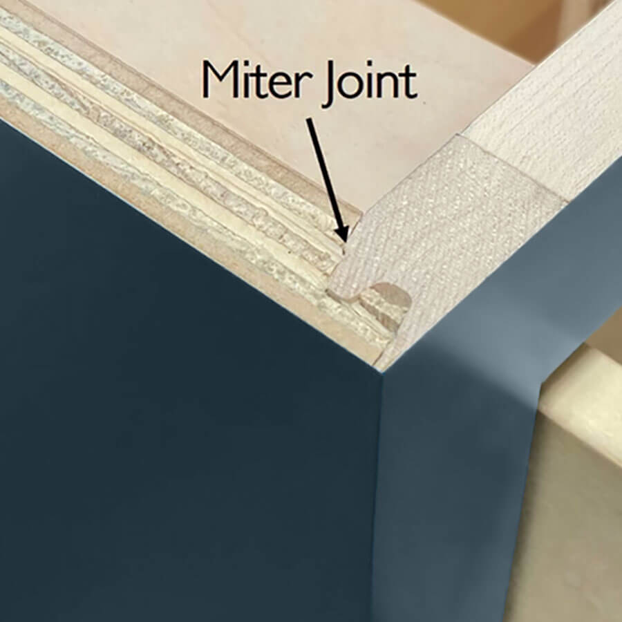 A mitered cabinet joint on a kitchen cabinet box. Learn about cabinet construction methods and joinery.