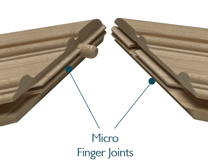 A close up of Micro Finger Joints used in cabinet door construction.