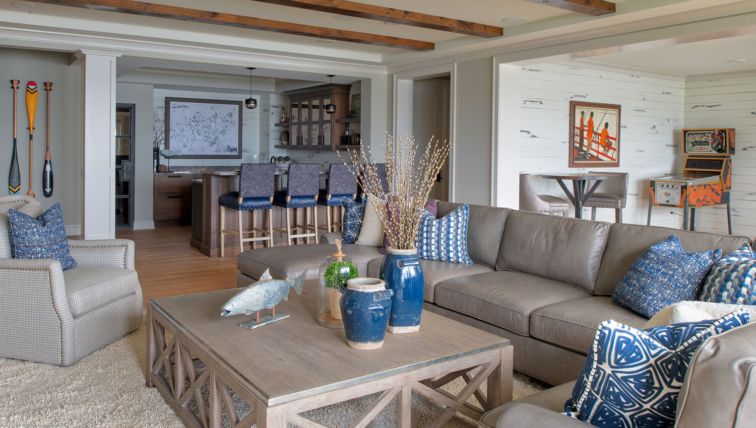 A nautical style entertainment room.