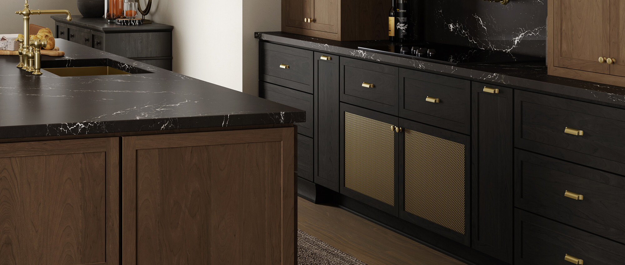 A kitchen featuring wire mesh cabinet doors as an accent.