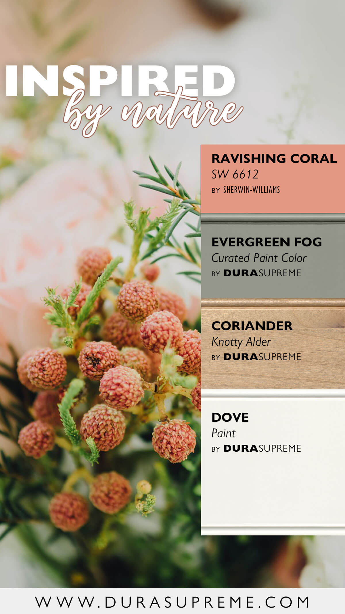 A fall garden color palette inspires the cabinetry and finishes for a new kitchen with a mix of white, light stained wood, coral, and sage green.