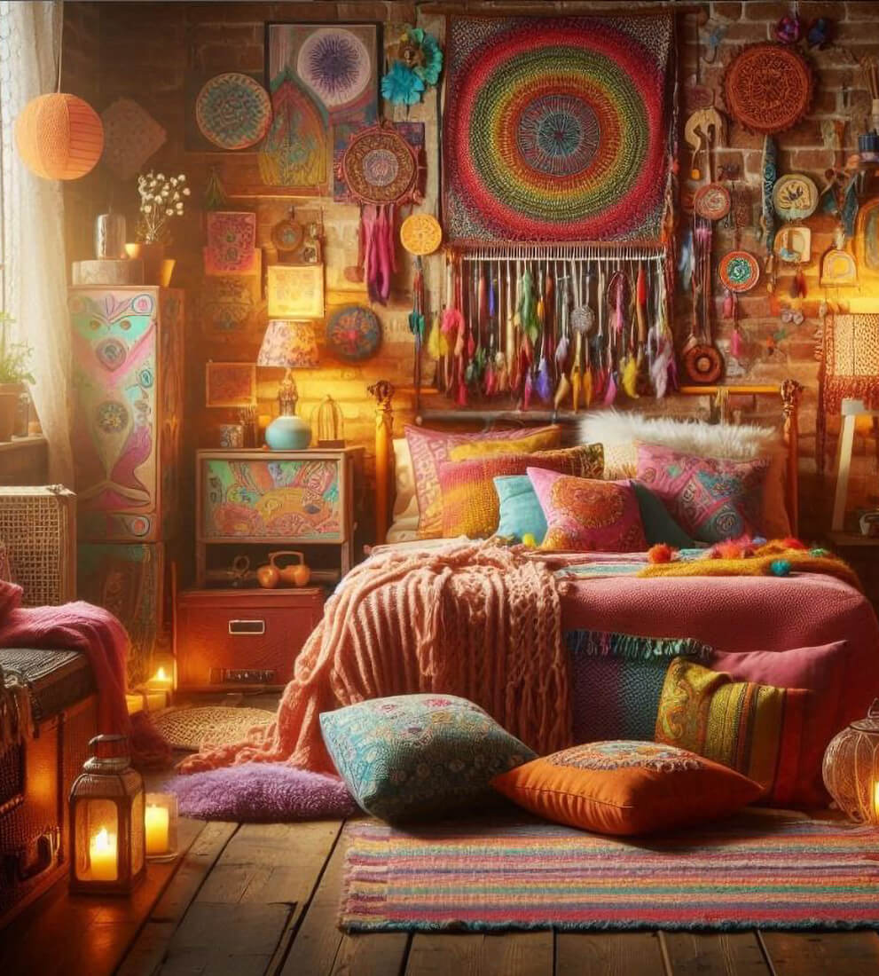 A hippie-inspired bedroom with boho style decor and details.