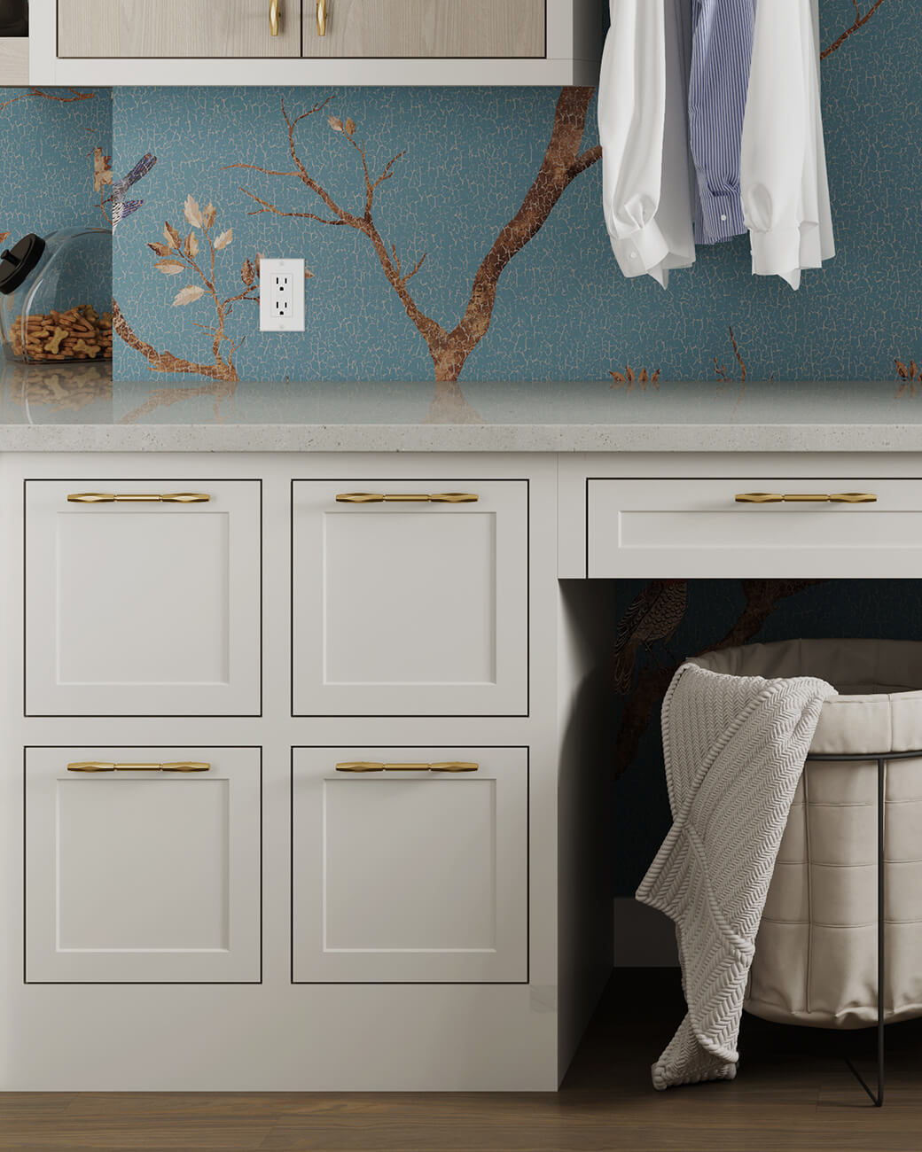 A colorful Boho styled laundry room with white pained shallow, skinny shaker cabinet doors in a white painted finish.