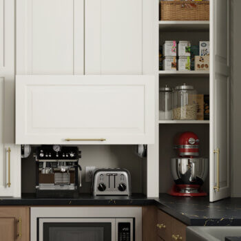 Dura Supreme Cabinetry offers countless counter-level cabinet solutions for creating customized, easy-to-access storage solutions. Easily add optional power and charging stations to power and ready your kitchen appliances, laptops, etc.