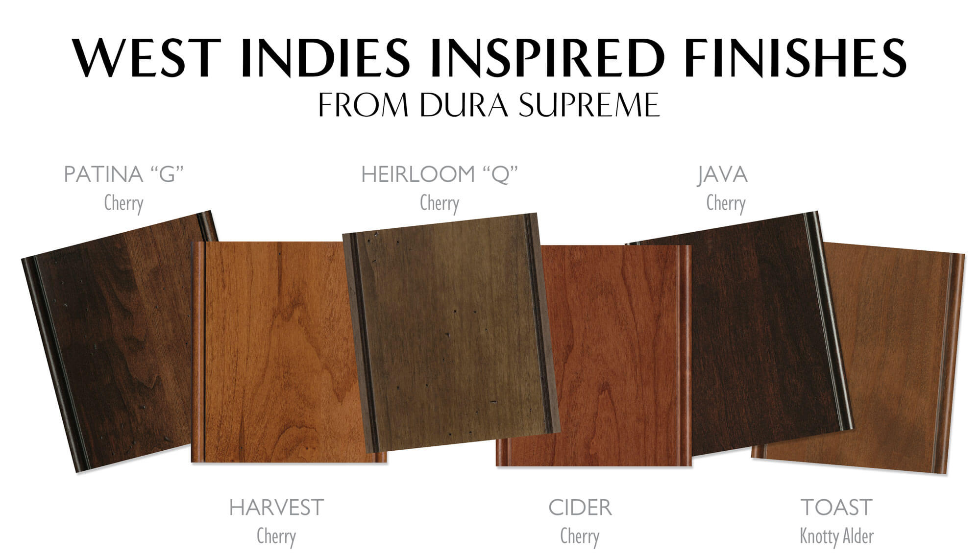 A collection of traditional West Indies style cabinet finish colors from Dura Supreme Cabinetry.