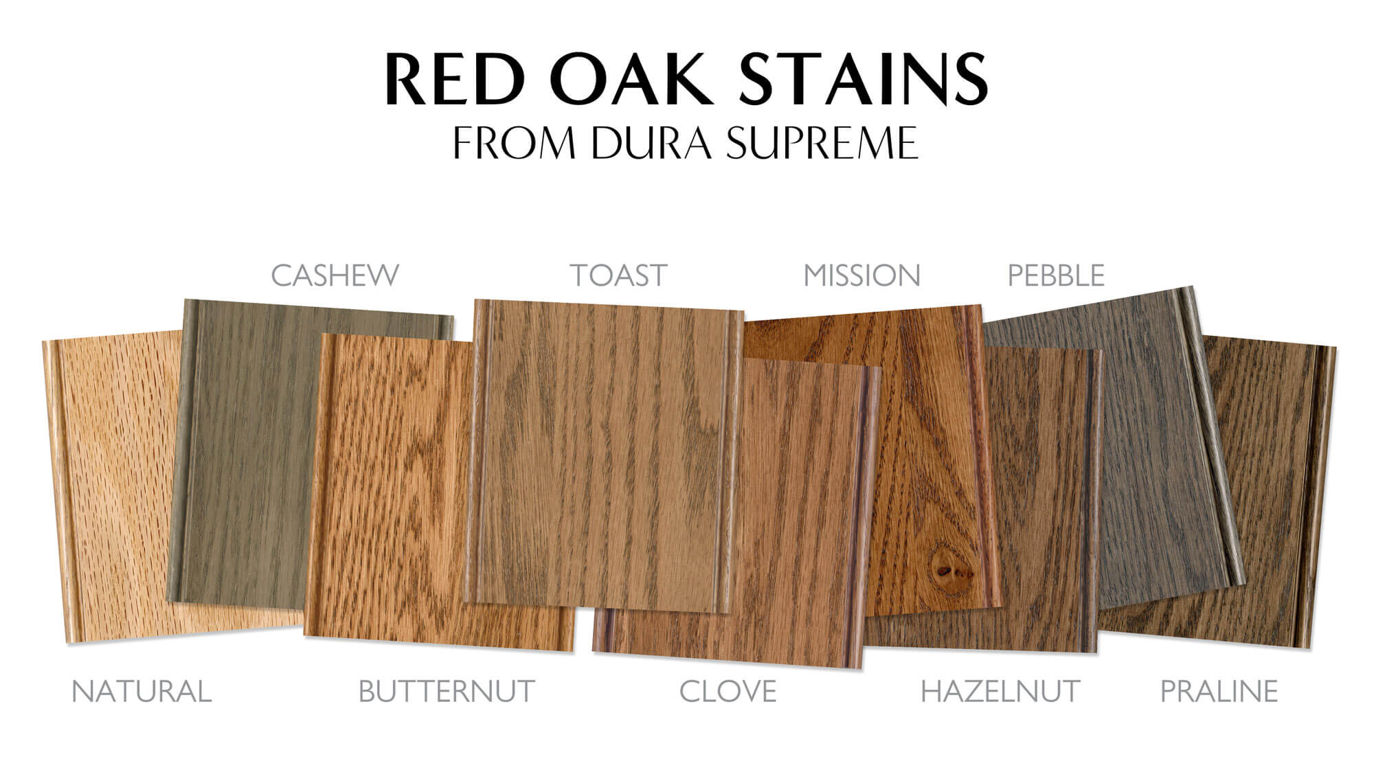 Stain colors and finishes for Red Oak wood cabinets by Dura Supreme Cabinetry.