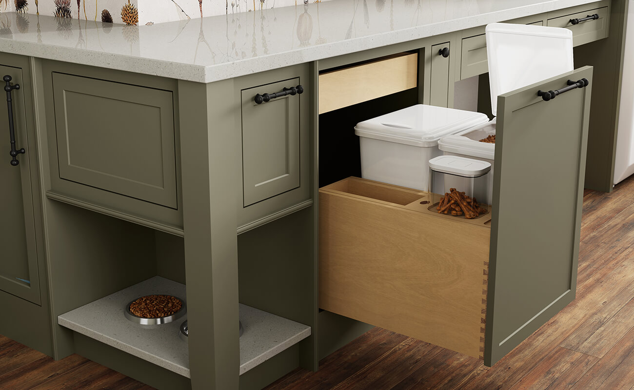 A mudroom with a pull-out cabinet with orgnized dog food storage and pet supplies with a built-in pet food station.