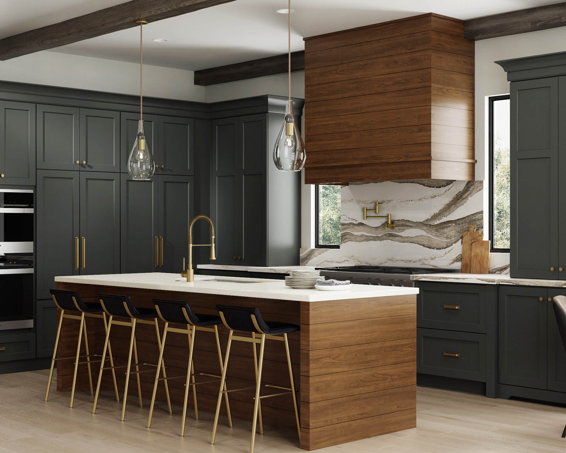 A box shaped modern wood hood with cherry wood shiplap details.