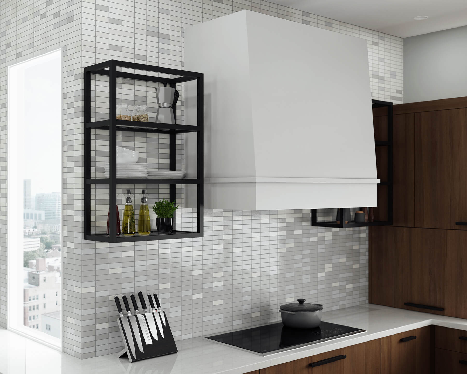 A white painted modern hood with a sloped canopy and boxy shape.